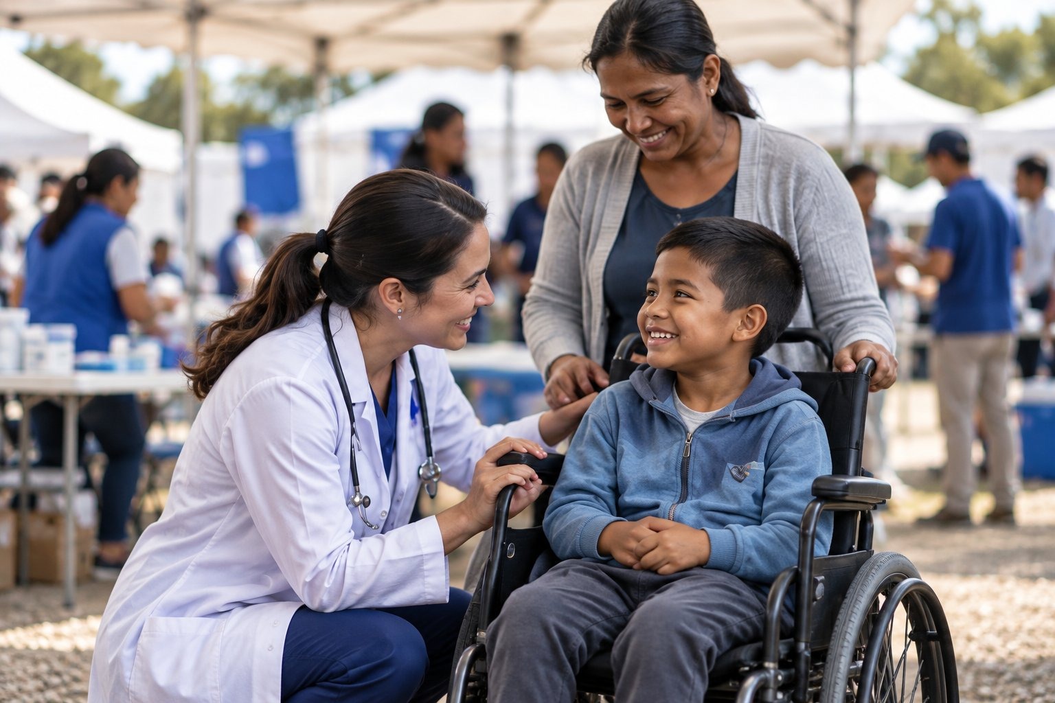Illustration of a healthcare worker with a child and his mother